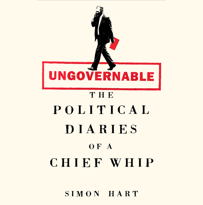 cream background with a drawn figure on a man in a suit with teh words 'Ungovernable The Political Diaries of a Cheif Whip, Simon Hart'